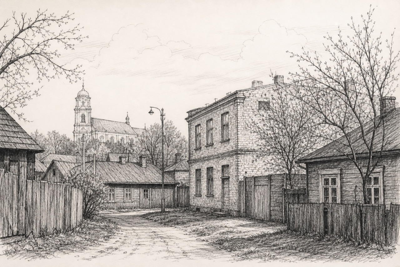 Hand-drawn pencil travel sketch for Šiauliai, Lithuania