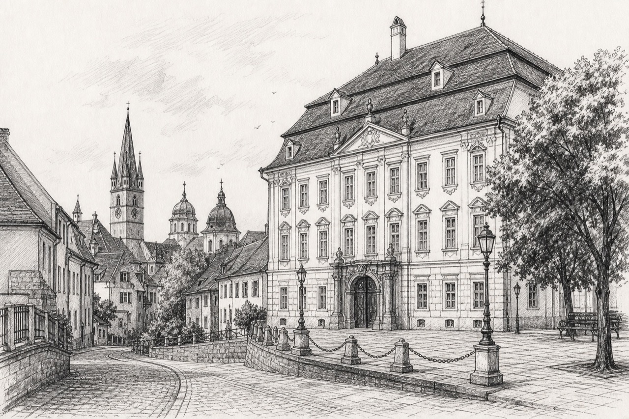 Hand-drawn pencil travel sketch for Sibiu, Romania