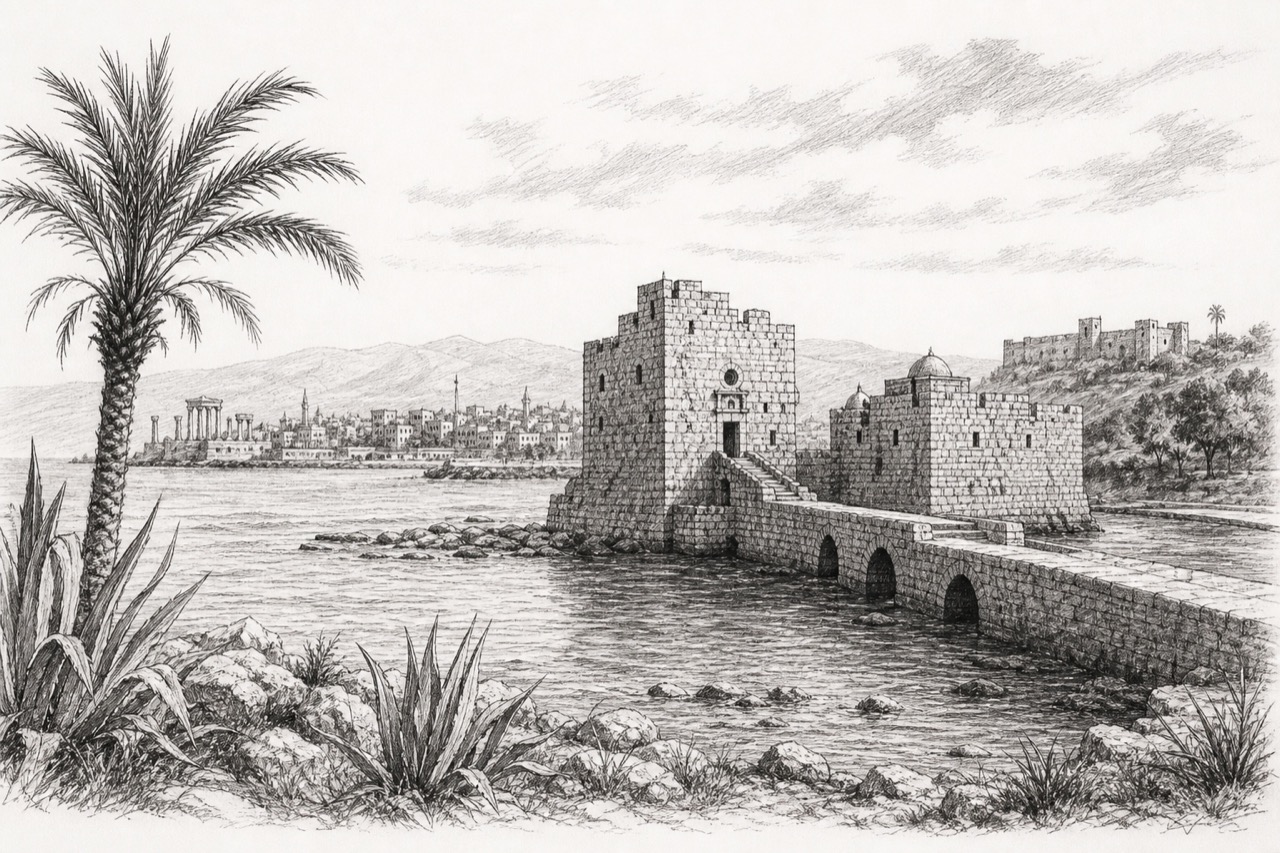 Hand-drawn pencil travel sketch for Sidon, Lebanon