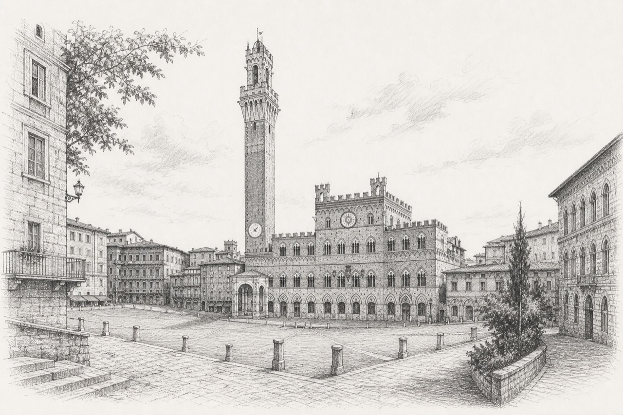 Hand-drawn pencil travel sketch for Siena, Italy