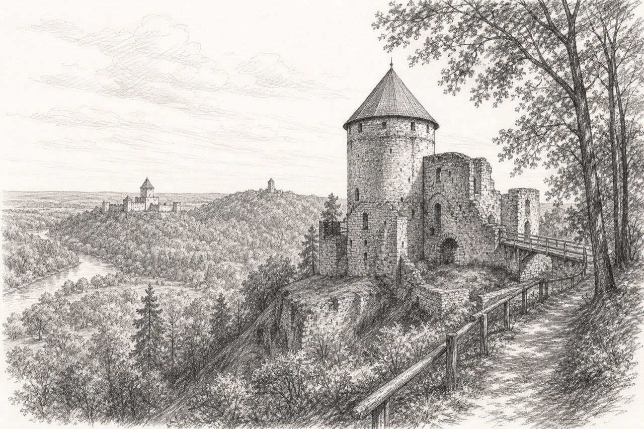 Hand-drawn pencil travel sketch for Sigulda, Latvia