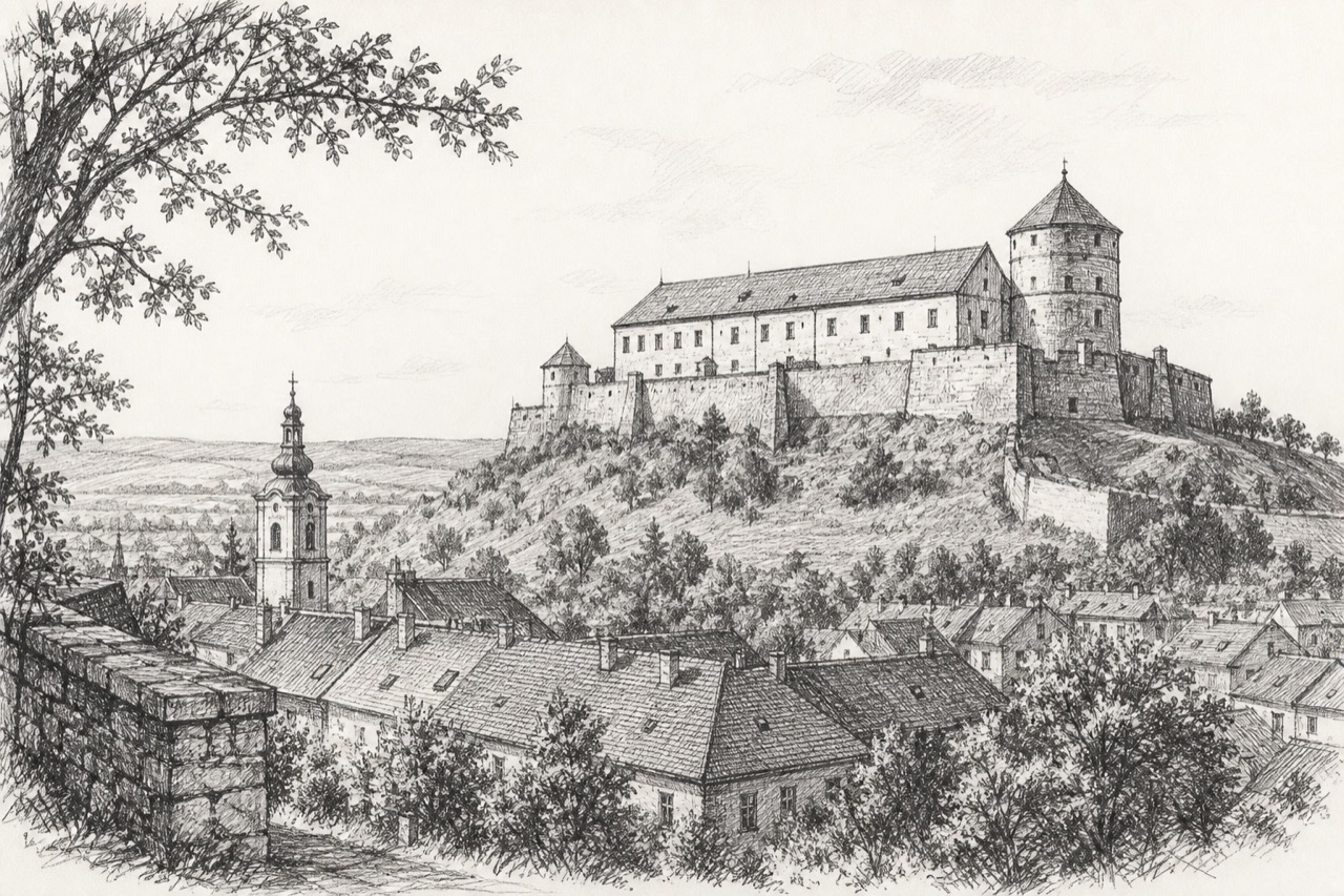 Hand-drawn pencil travel sketch for Siklós, Hungary
