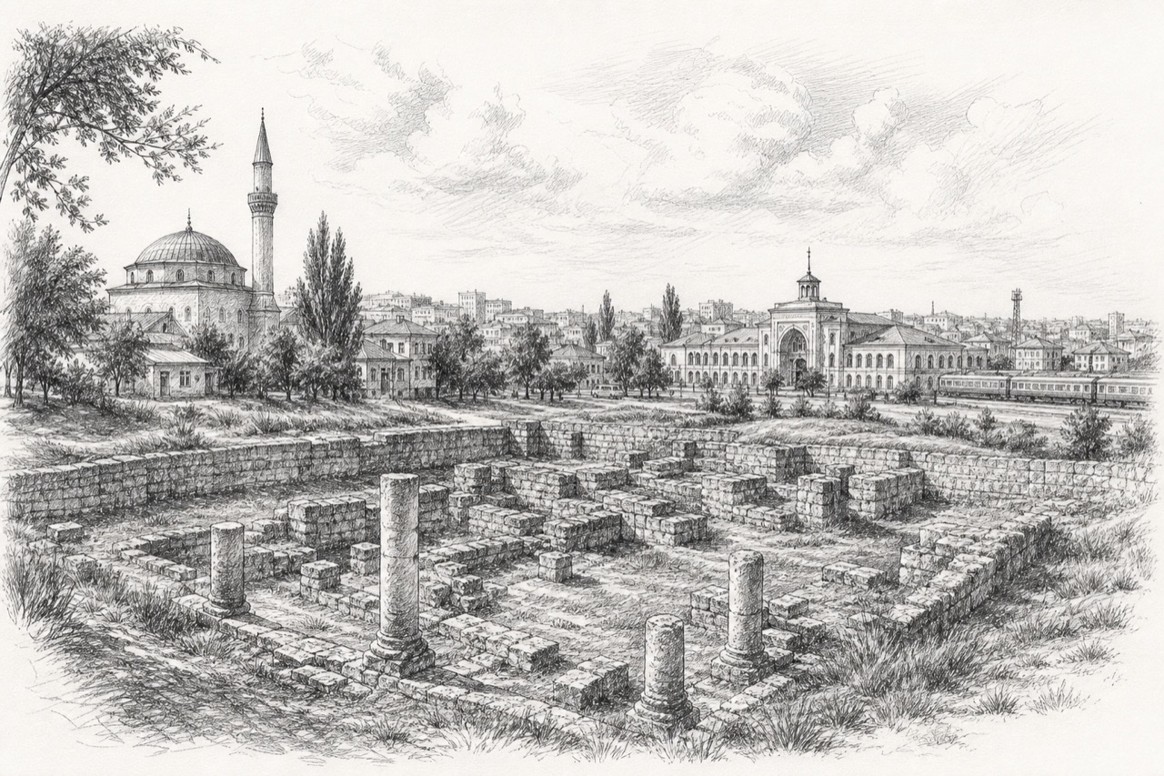 Hand-drawn pencil travel sketch for Simferopol, Ukraine