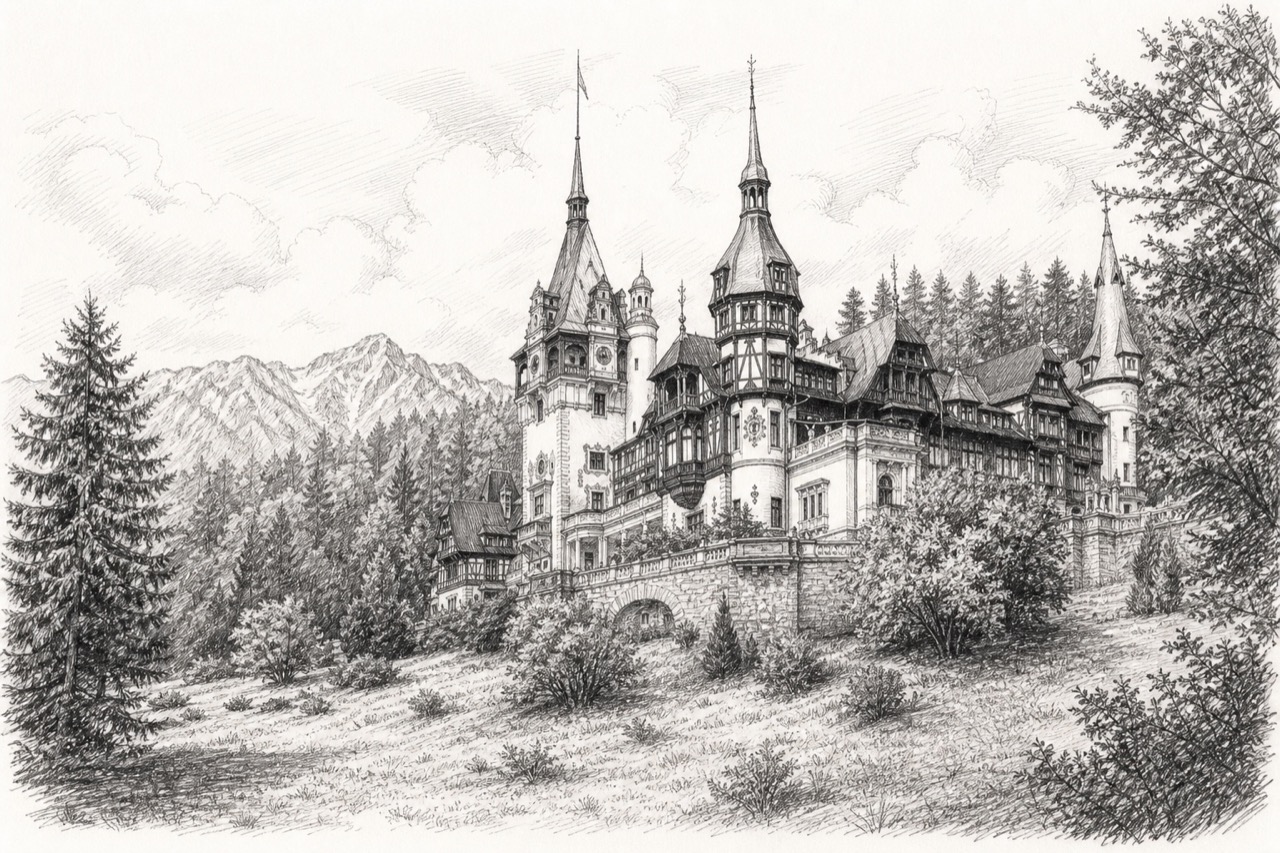 Hand-drawn pencil travel sketch for Sinaia, Romania