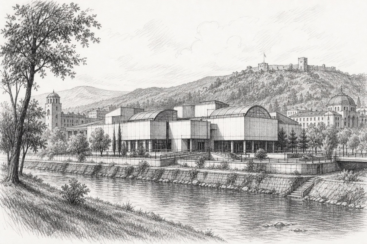 Hand-drawn pencil travel sketch for Skopje, North Macedonia