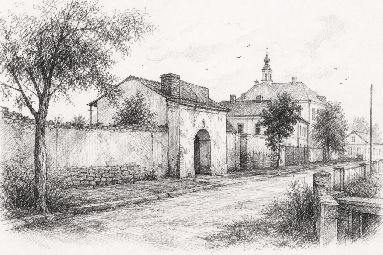 Hand-drawn pencil travel sketch for Slonim, Belarus