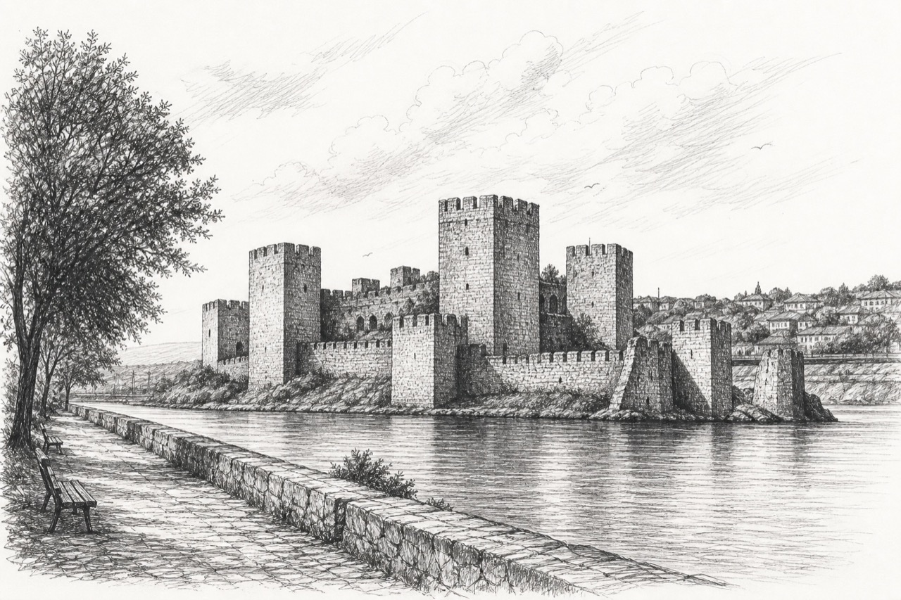 Hand-drawn pencil travel sketch for Smederevo, Serbia