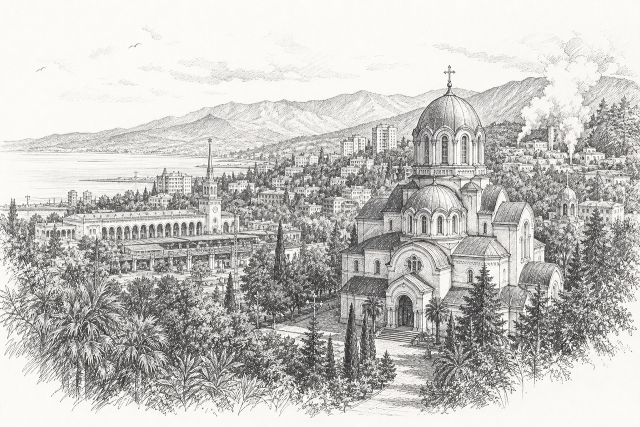 Hand-drawn pencil travel sketch for Sochi, Russia