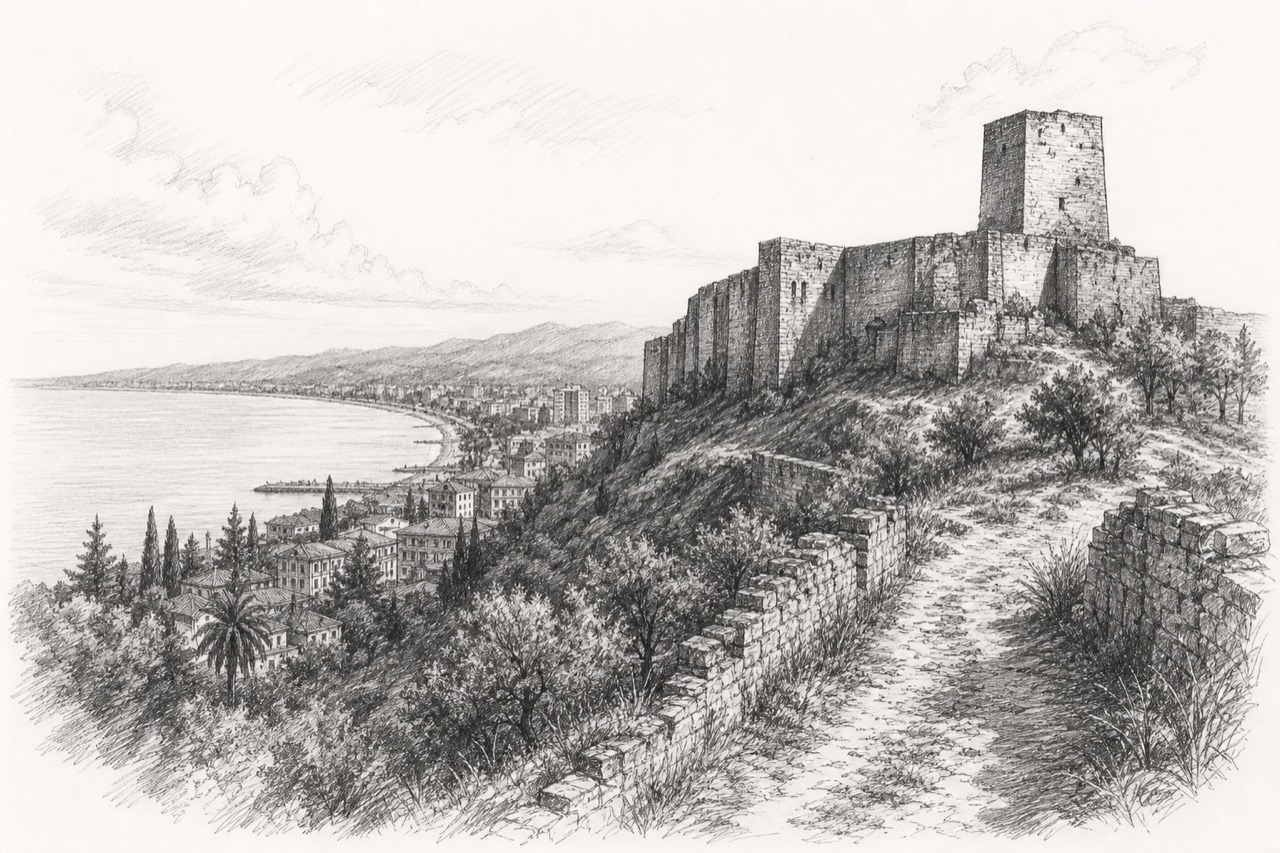Hand-drawn pencil travel sketch for Sokhumi, Georgia