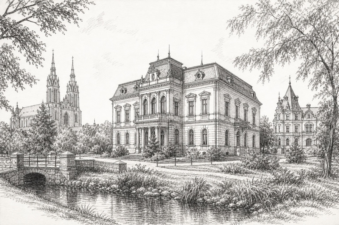 Hand-drawn pencil travel sketch for Sosnowiec, Poland