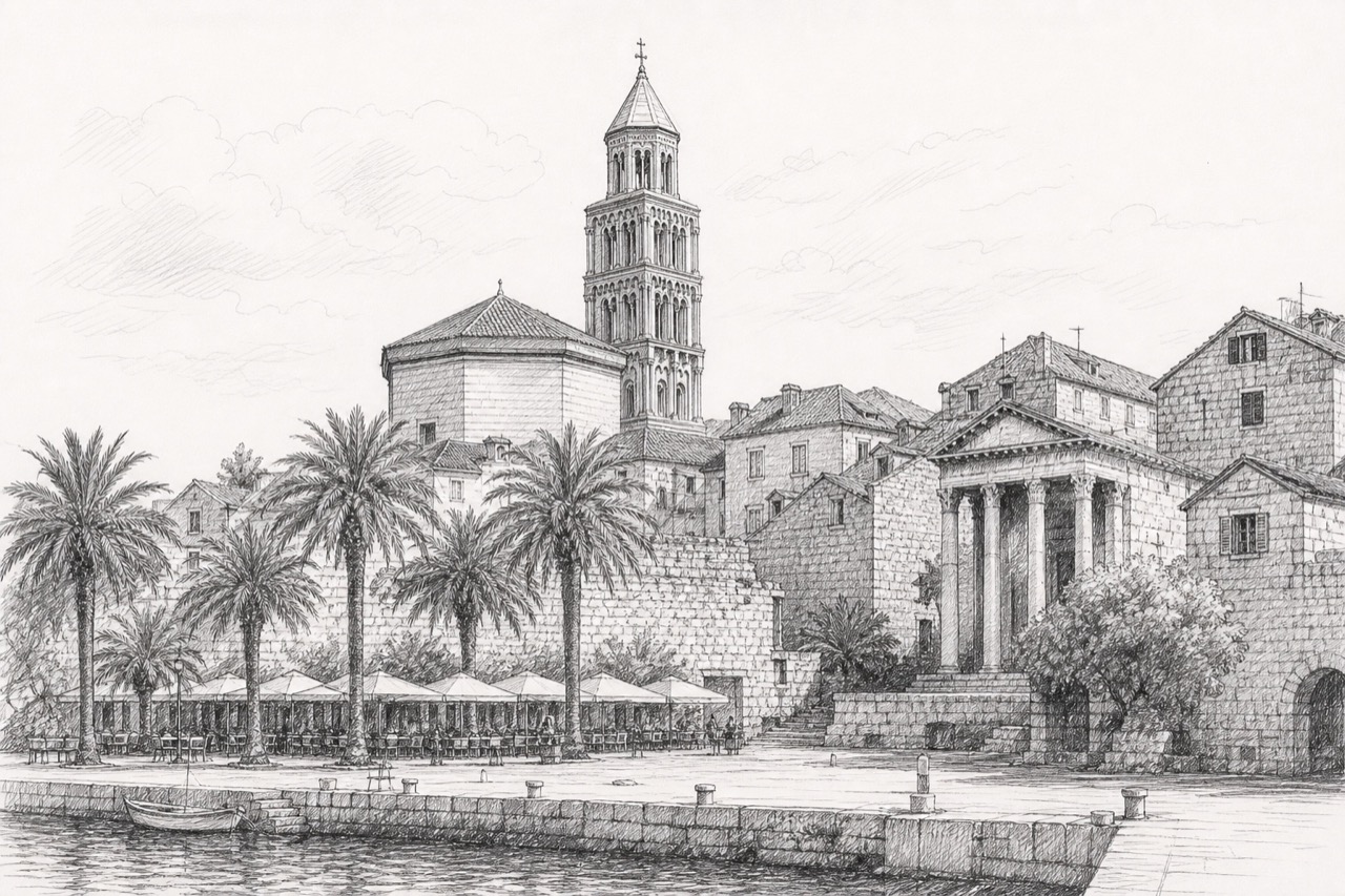 Hand-drawn pencil travel sketch for Split, Croatia