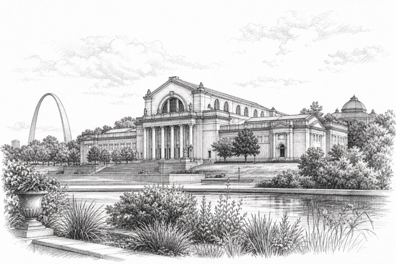 Hand-drawn pencil travel sketch for St. Louis, United States