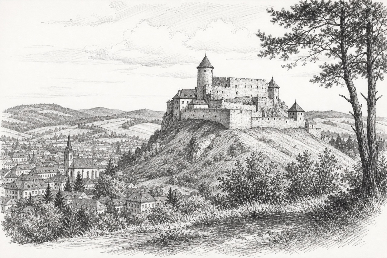 Hand-drawn pencil travel sketch for Stará Ľubovňa, Slovakia