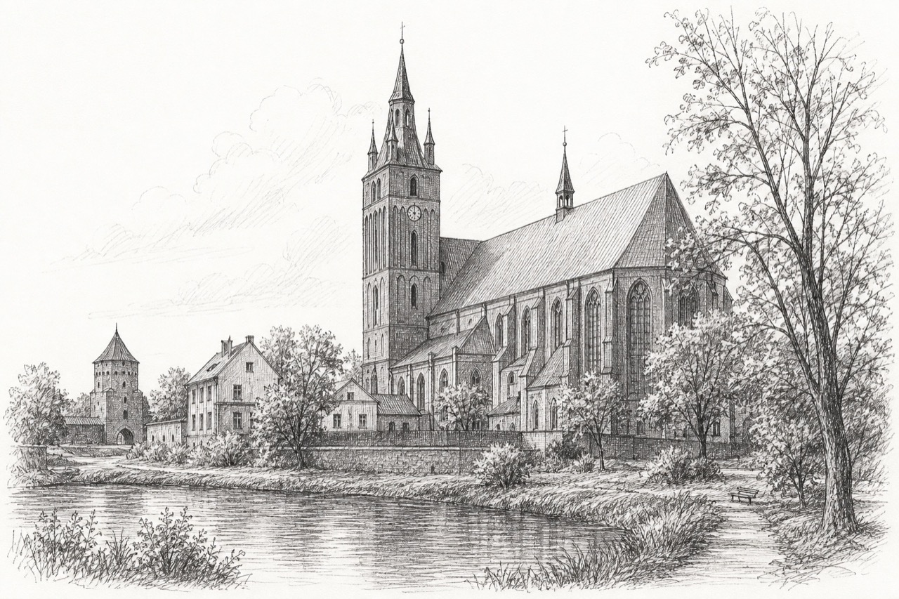 Hand-drawn pencil travel sketch for Stargard, Poland