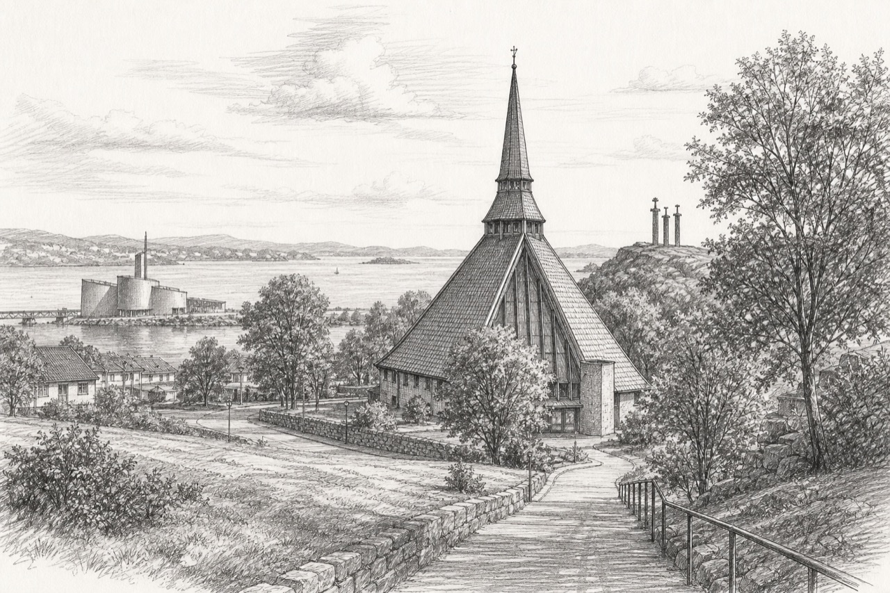 Hand-drawn pencil travel sketch for Stavanger, Norway