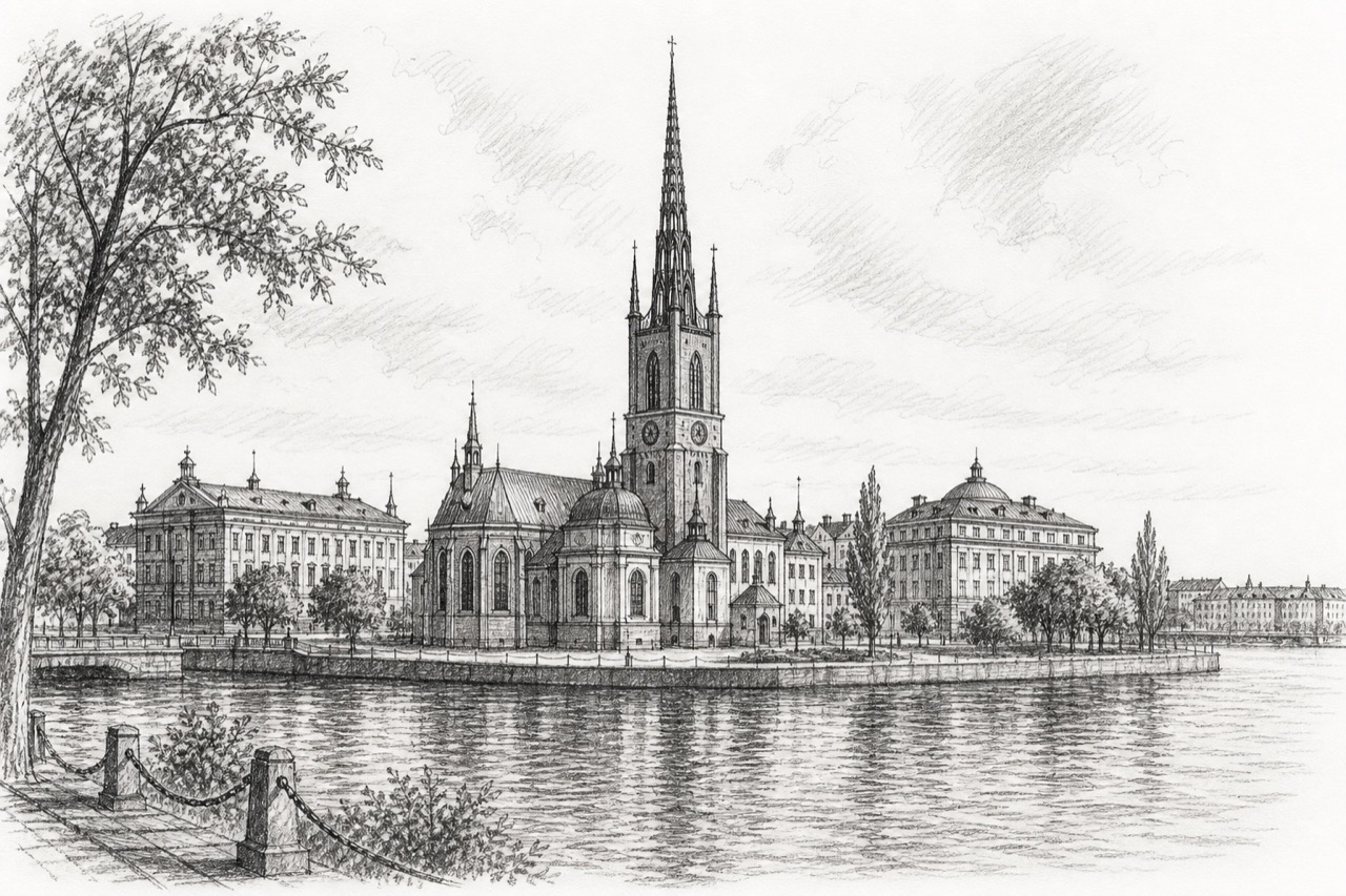 Hand-drawn pencil travel sketch for Stockholm, Sweden