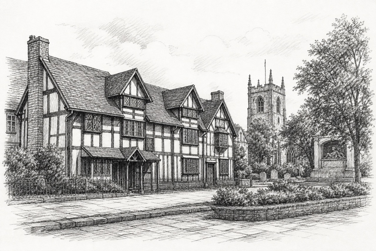 Hand-drawn pencil travel sketch for Stratford-upon-Avon, United Kingdom