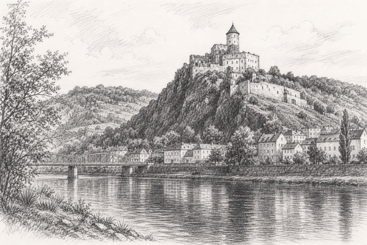 Hand-drawn pencil travel sketch for Střekov, Czech Republic