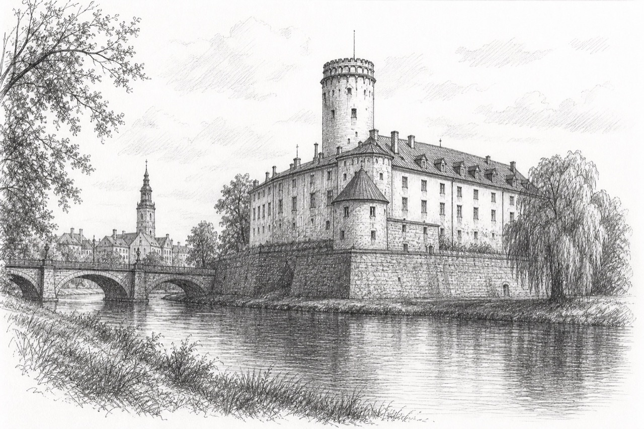 Hand-drawn pencil travel sketch for Strzelce Opolskie, Poland