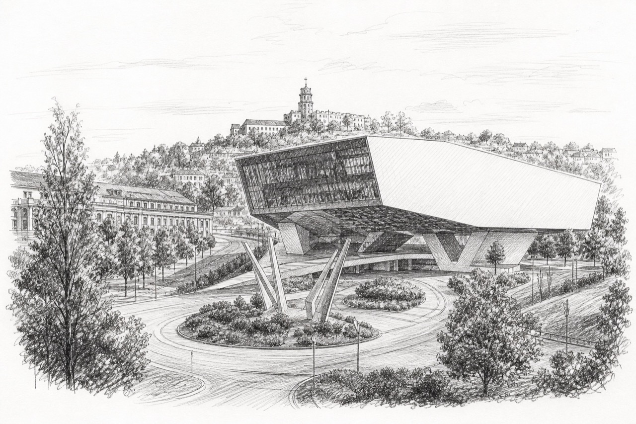 Hand-drawn pencil travel sketch for Stuttgart, Germany