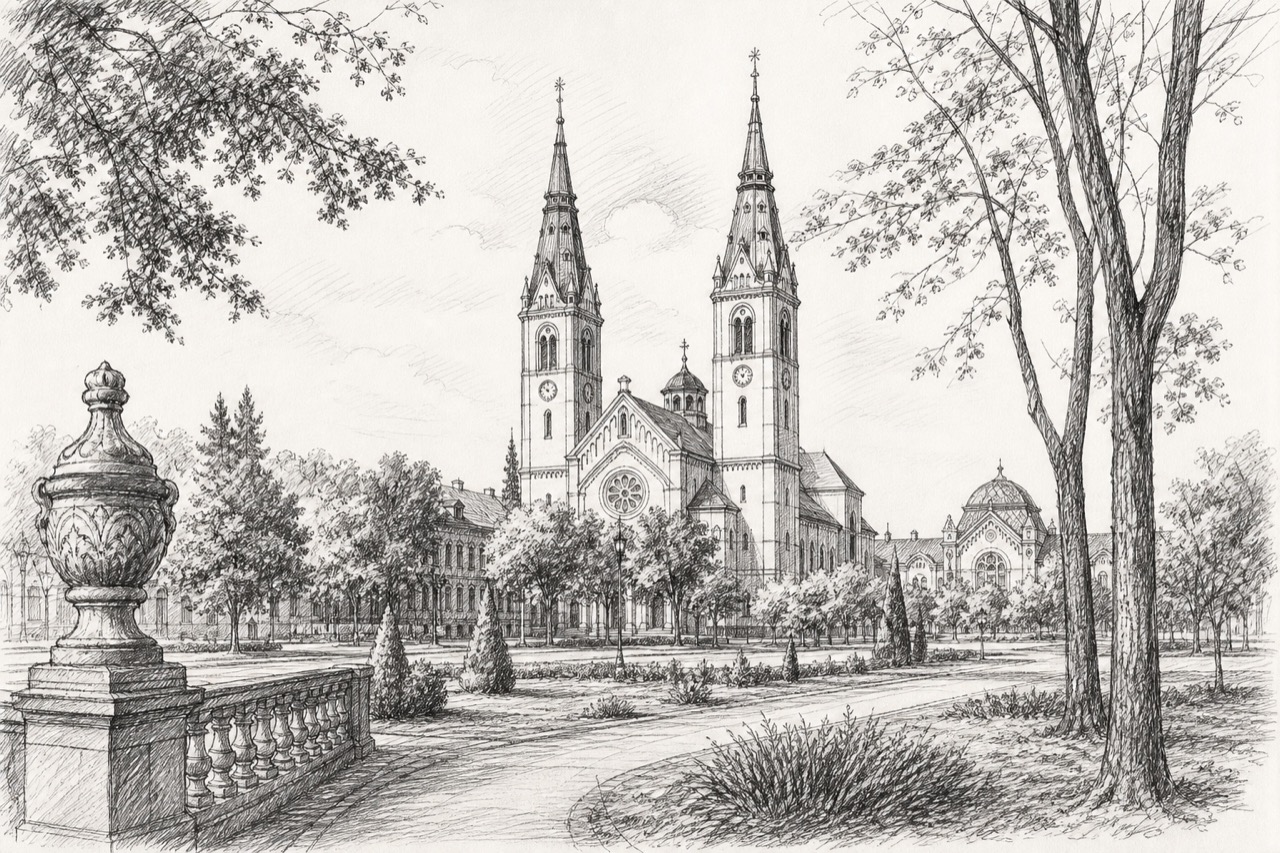 Hand-drawn pencil travel sketch for Subotica, Serbia