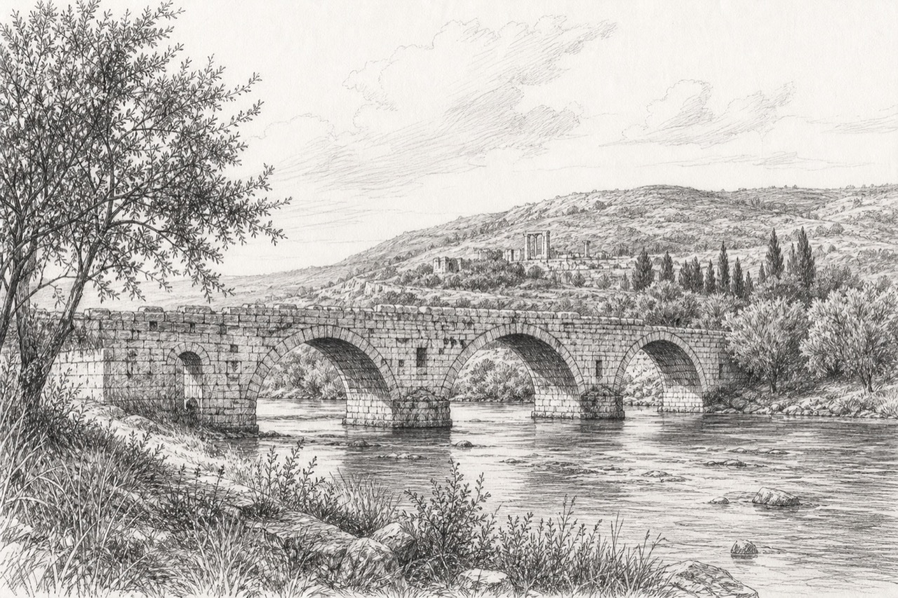 Hand-drawn pencil travel sketch for Sultanhisar, Turkey