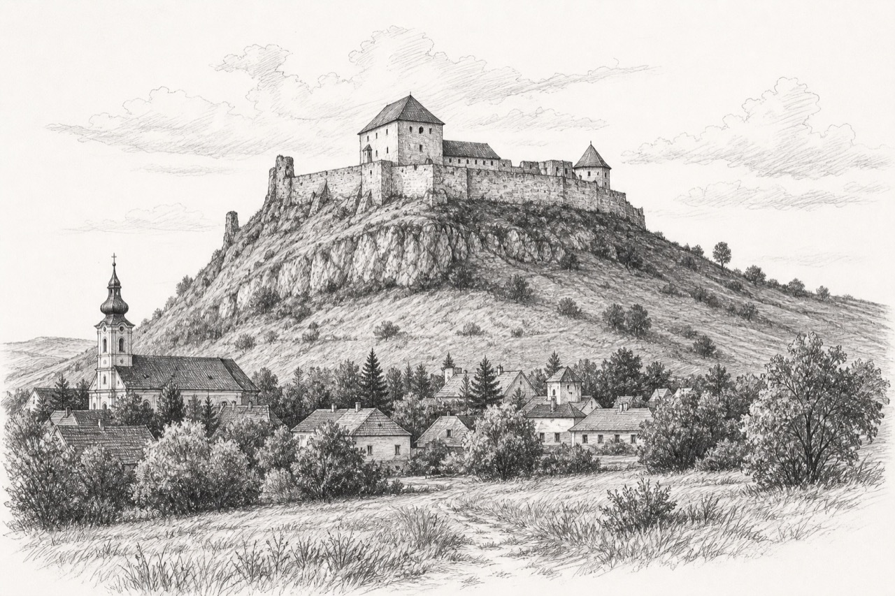 Hand-drawn pencil travel sketch for Sümeg, Hungary