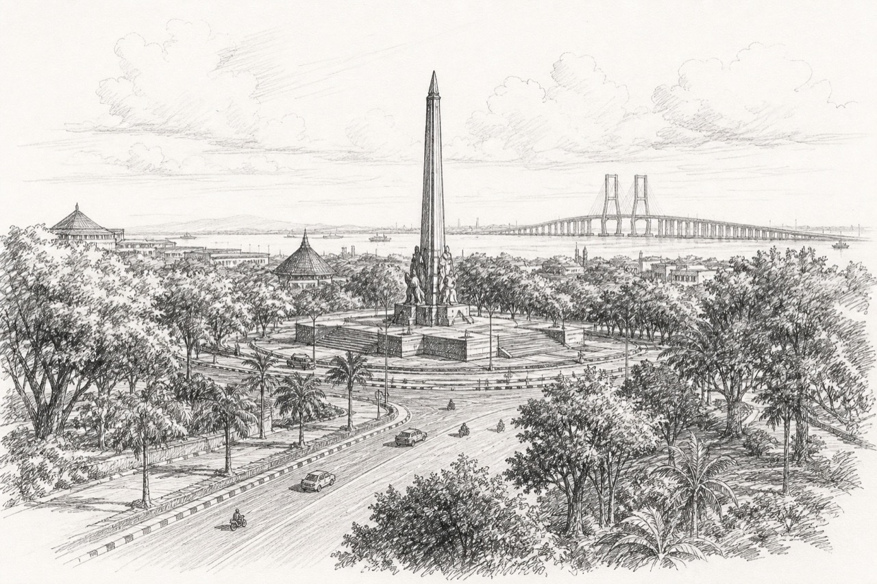 Hand-drawn pencil travel sketch for Surabaya, Indonesia