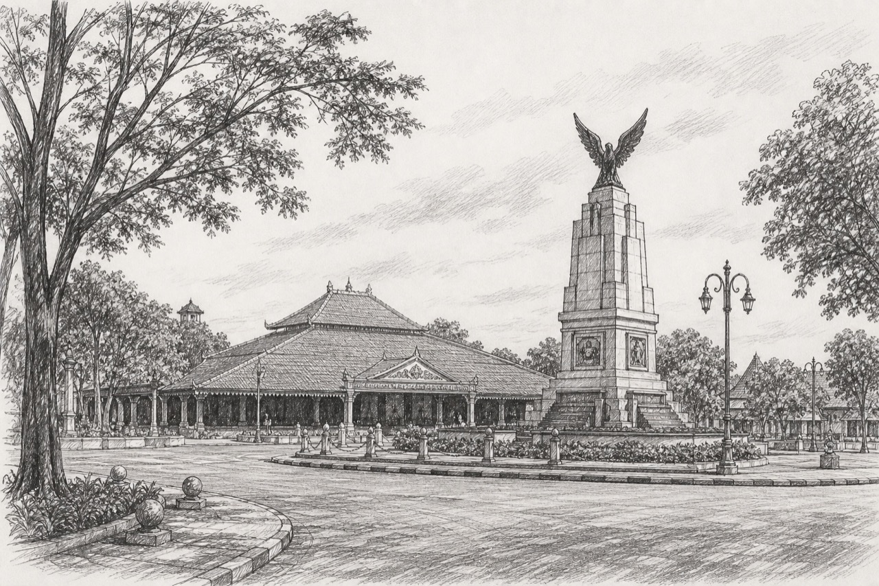 Hand-drawn pencil travel sketch for Surakarta, Indonesia