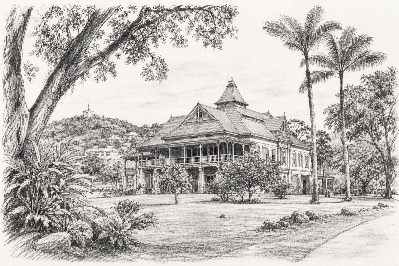 Hand-drawn pencil travel sketch for Suva, Fiji