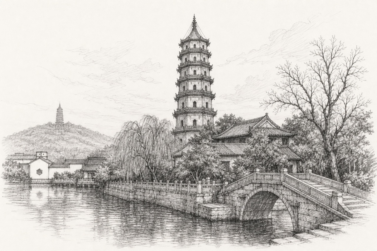 Hand-drawn pencil travel sketch for Suzhou, People's Republic of China