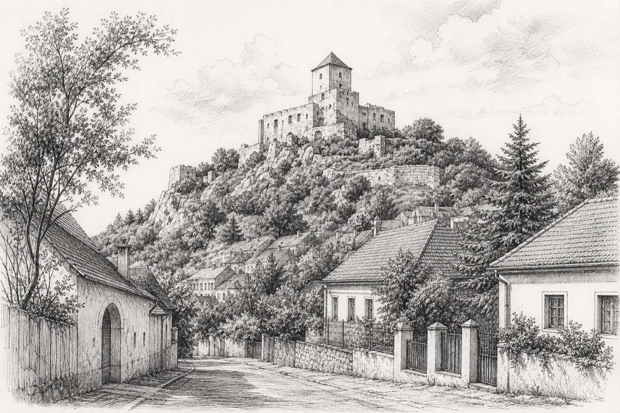 Hand-drawn pencil travel sketch for Svätý Jur, Slovakia