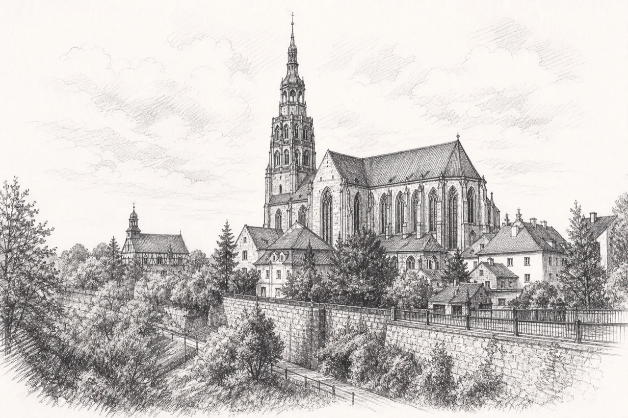 Hand-drawn pencil travel sketch for Świdnica, Poland