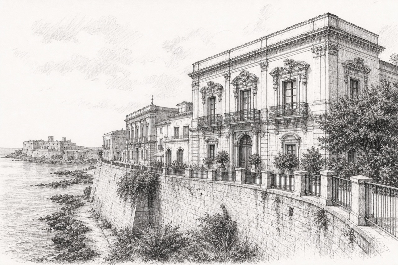 Hand-drawn pencil travel sketch for Syracuse, Italy