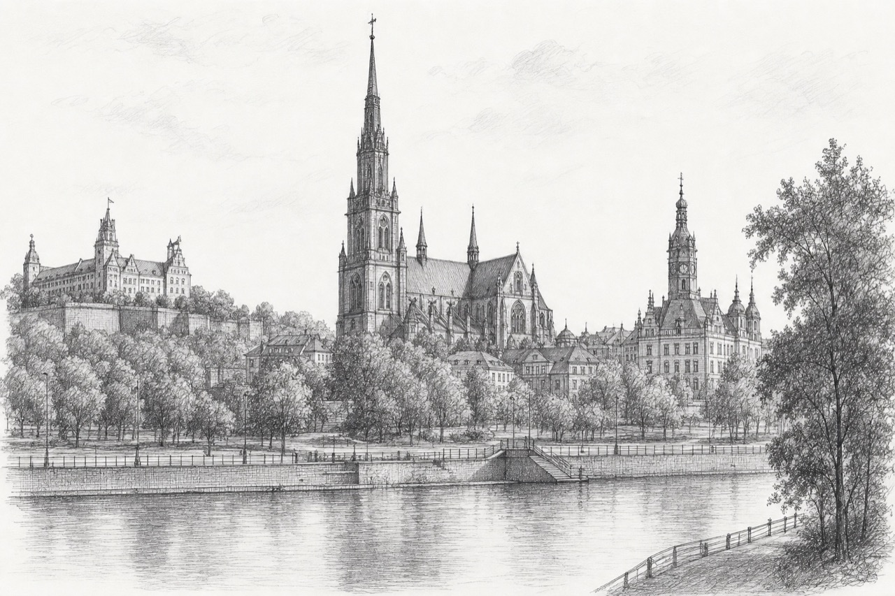 Hand-drawn pencil travel sketch for Szczecin, Poland