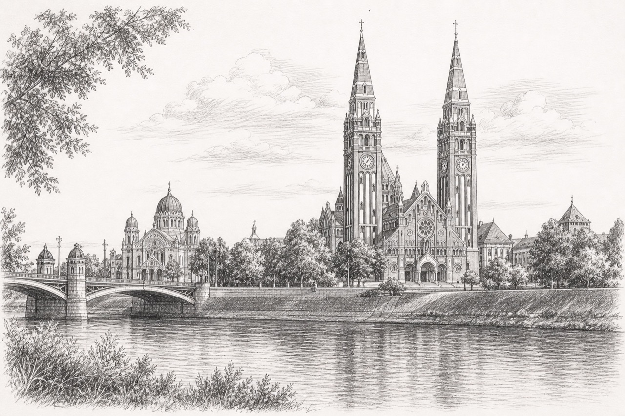 Hand-drawn pencil travel sketch for Szeged, Hungary