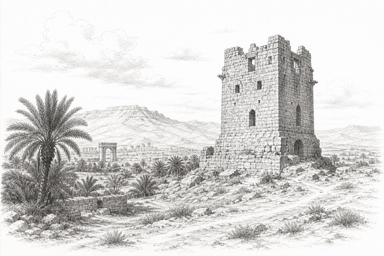 Hand-drawn pencil travel sketch for Tadmur, Syria