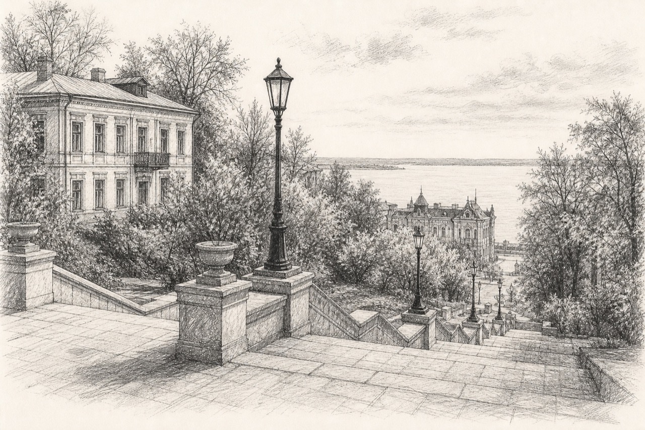 Hand-drawn pencil travel sketch for Taganrog, Russia
