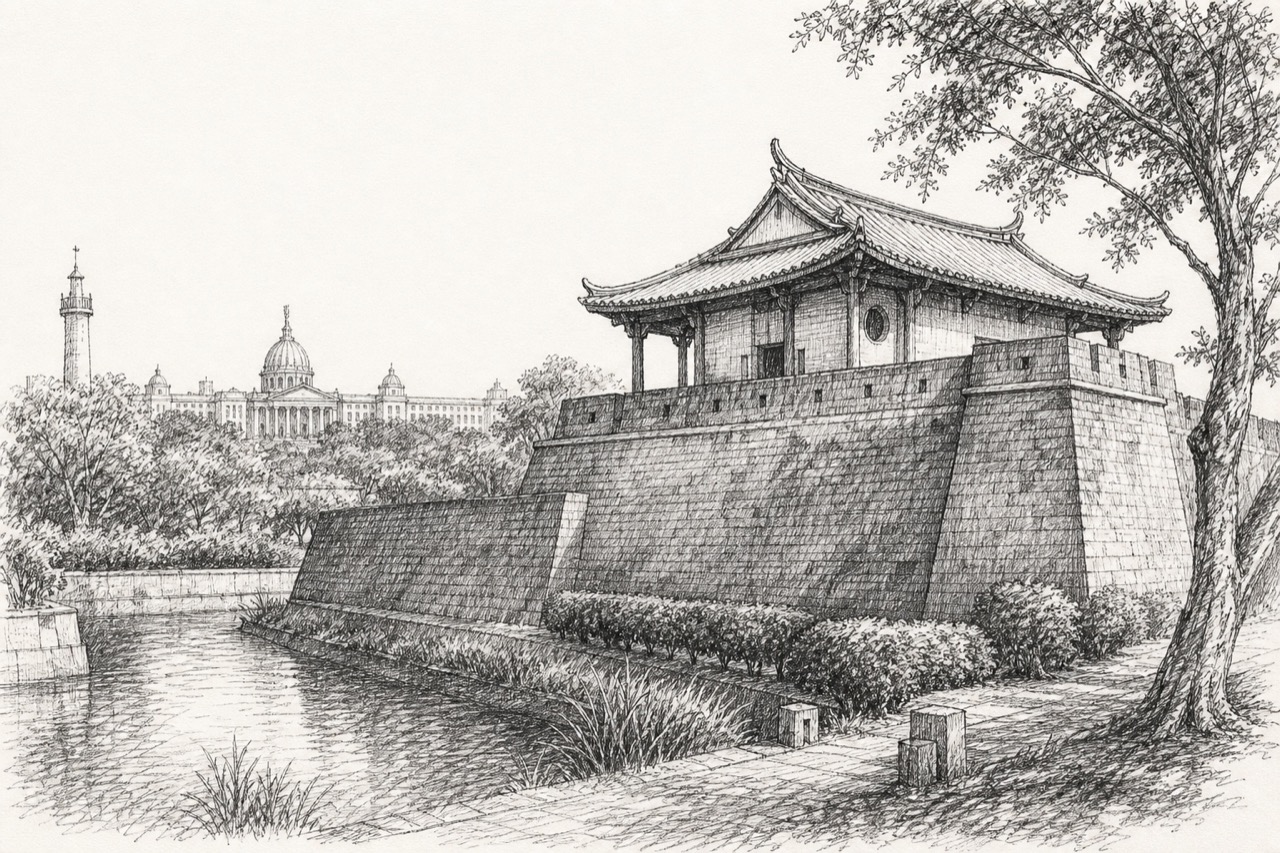 Hand-drawn pencil travel sketch for Tainan, Taiwan