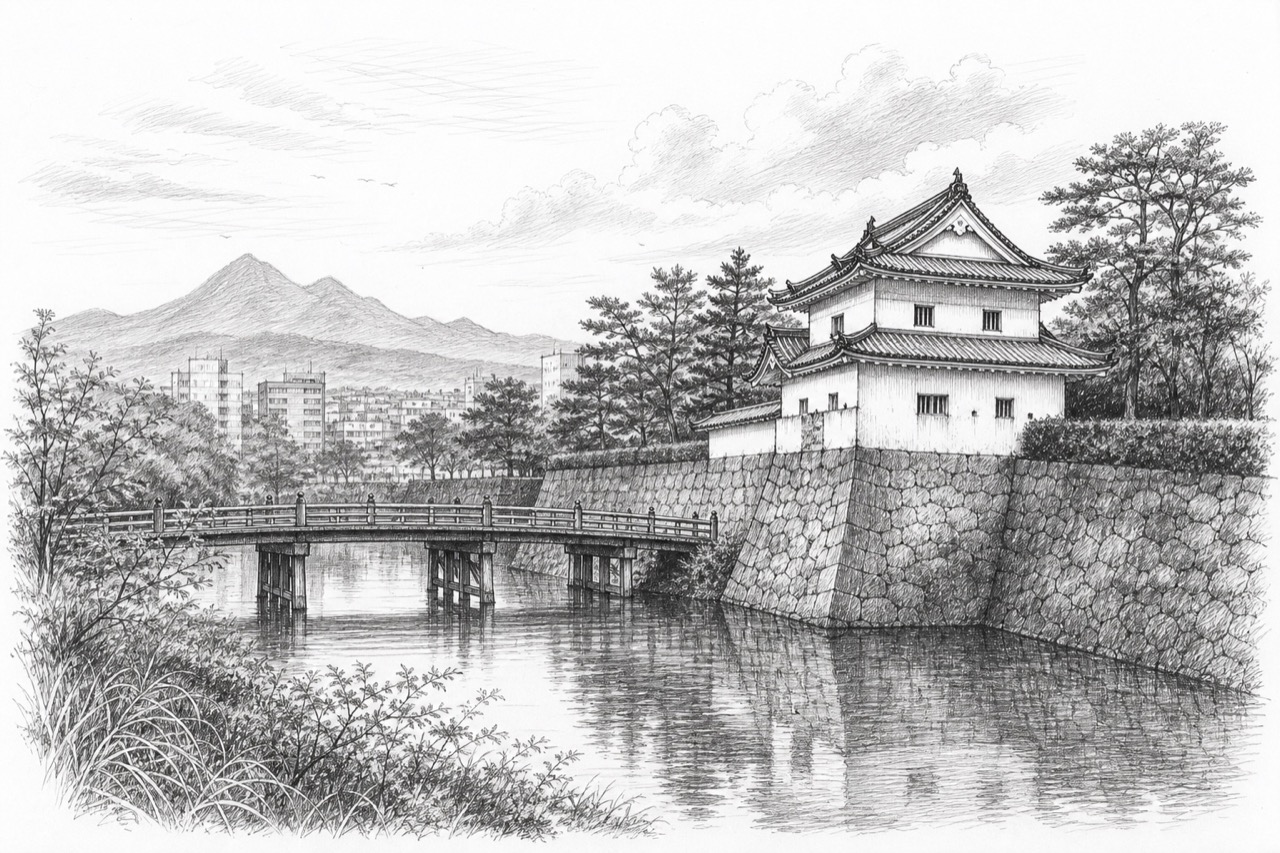Hand-drawn pencil travel sketch for Takasaki, Japan