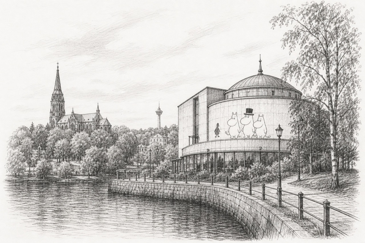 Hand-drawn pencil travel sketch for Tampere, Finland