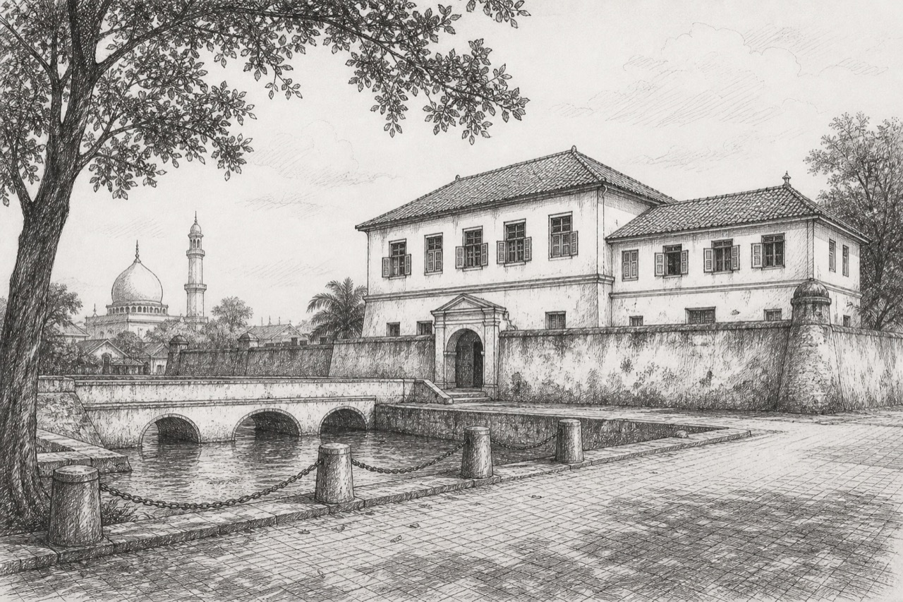 Hand-drawn pencil travel sketch for Tangerang, Indonesia