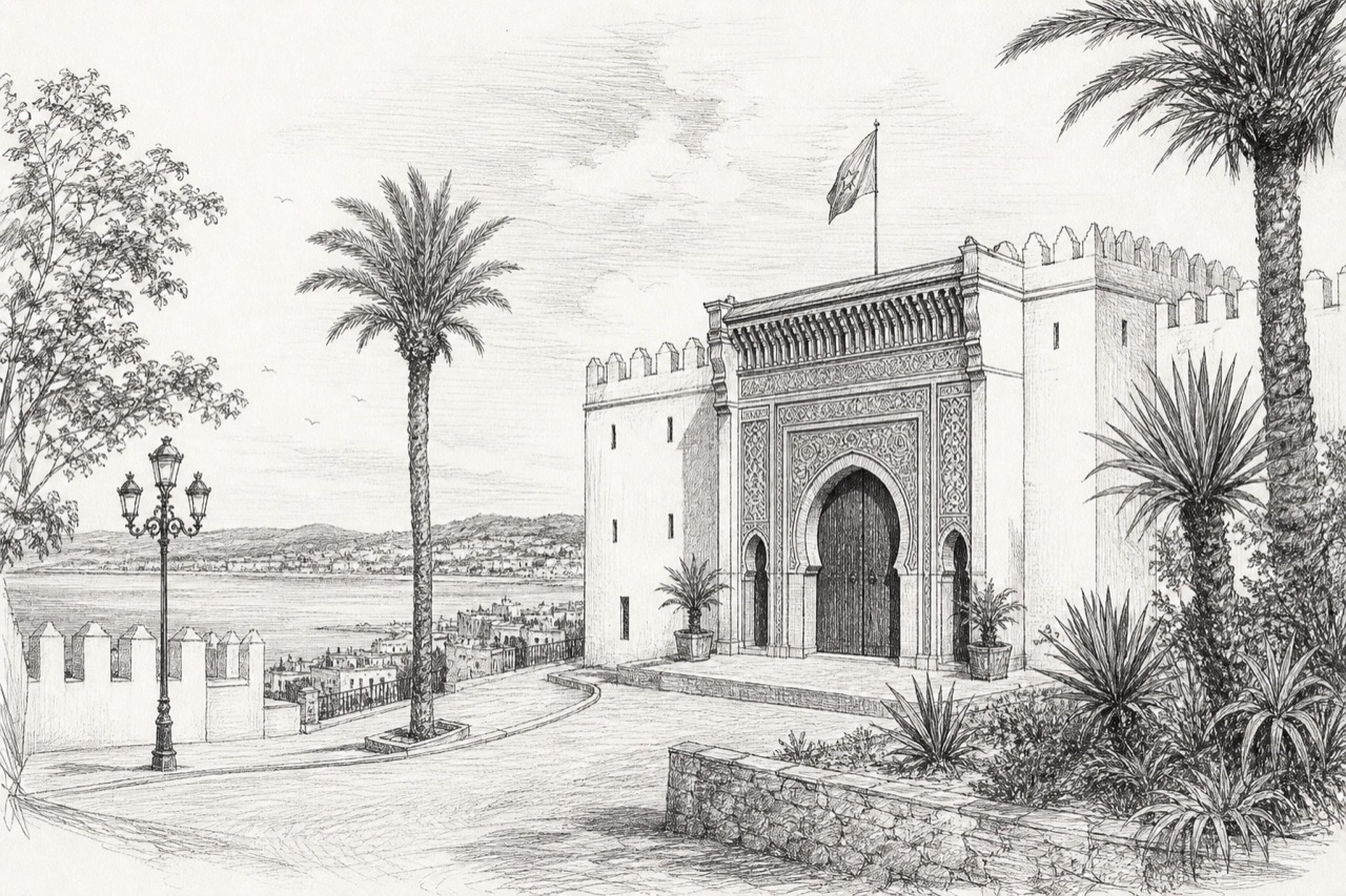 Hand-drawn pencil travel sketch for Tangier, Morocco