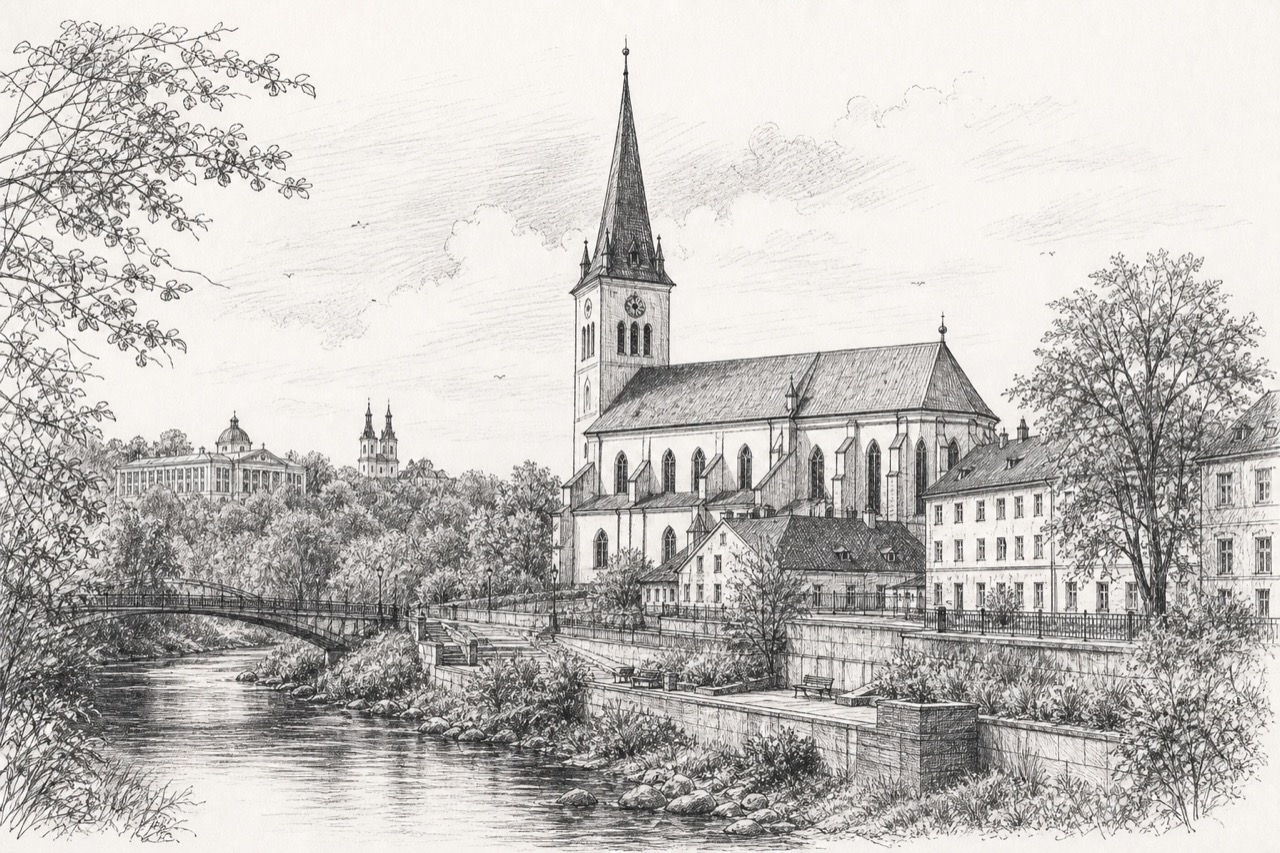 Hand-drawn pencil travel sketch for Tartu City, Estonia