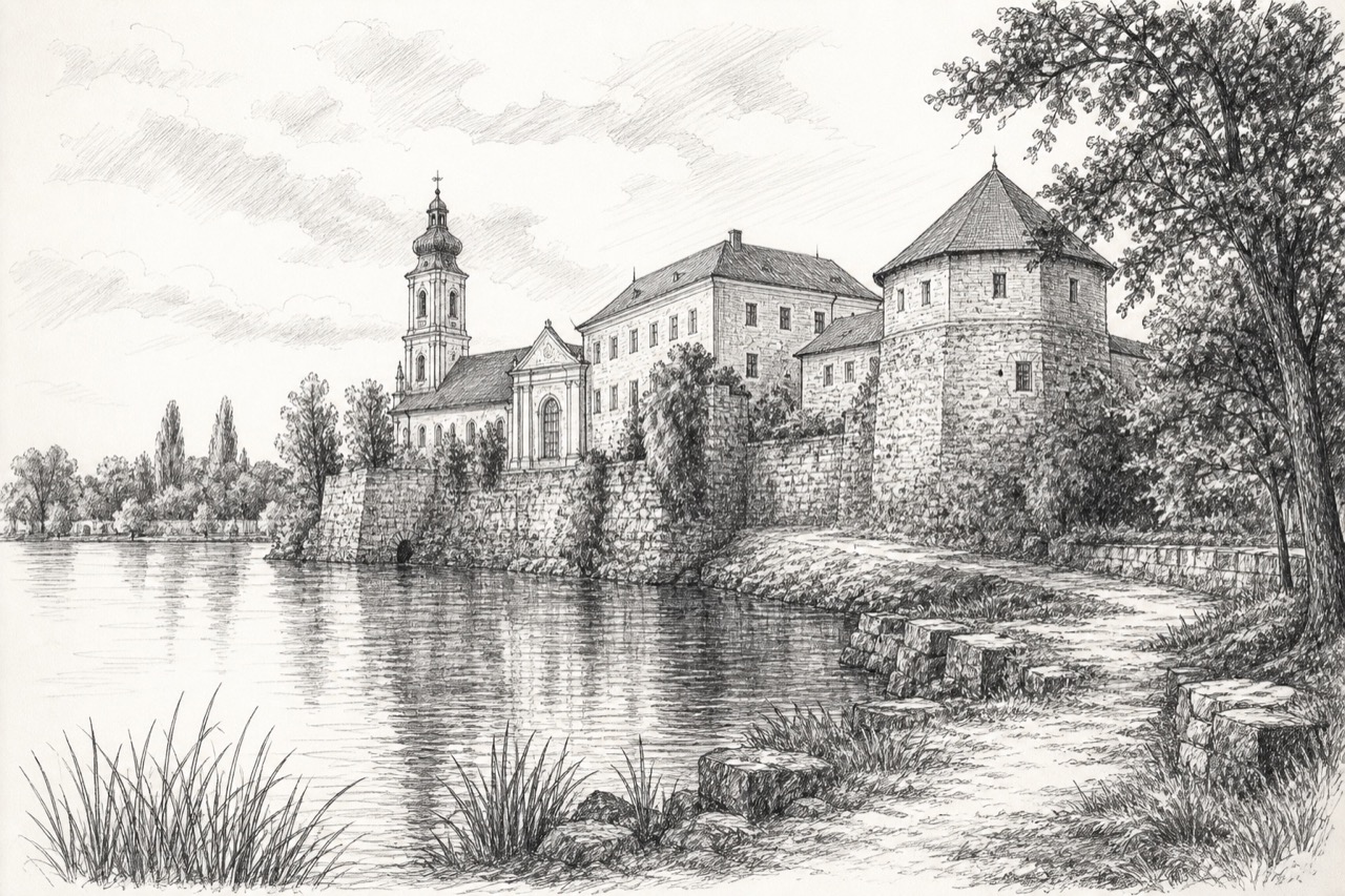 Hand-drawn pencil travel sketch for Tata, Hungary