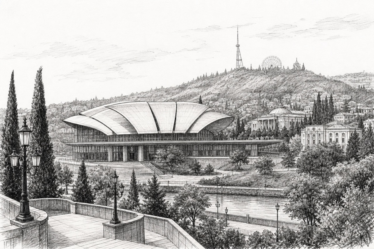 Hand-drawn pencil travel sketch for Tbilisi, Georgia