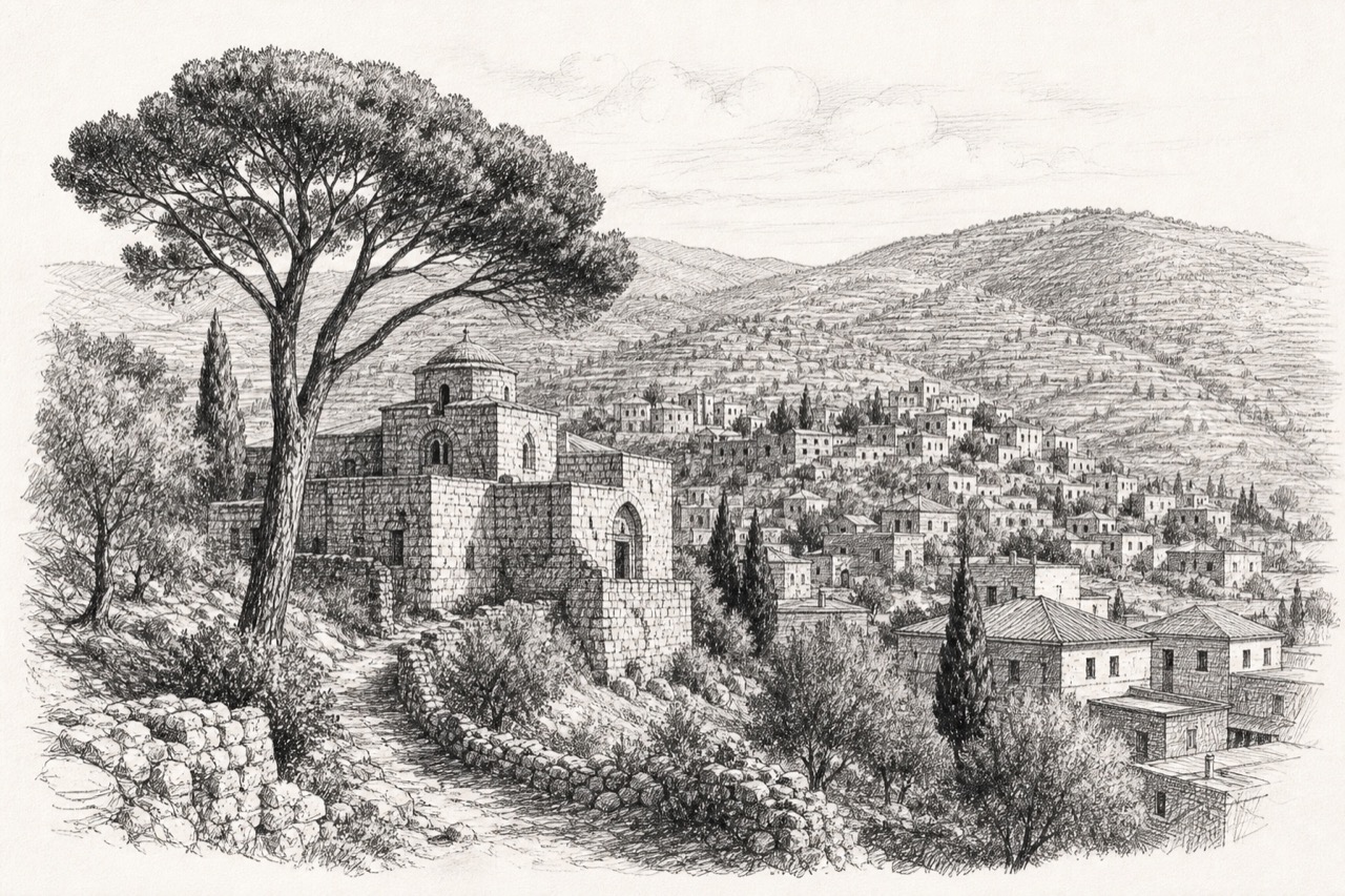 Hand-drawn pencil travel sketch for Tebnine, Lebanon