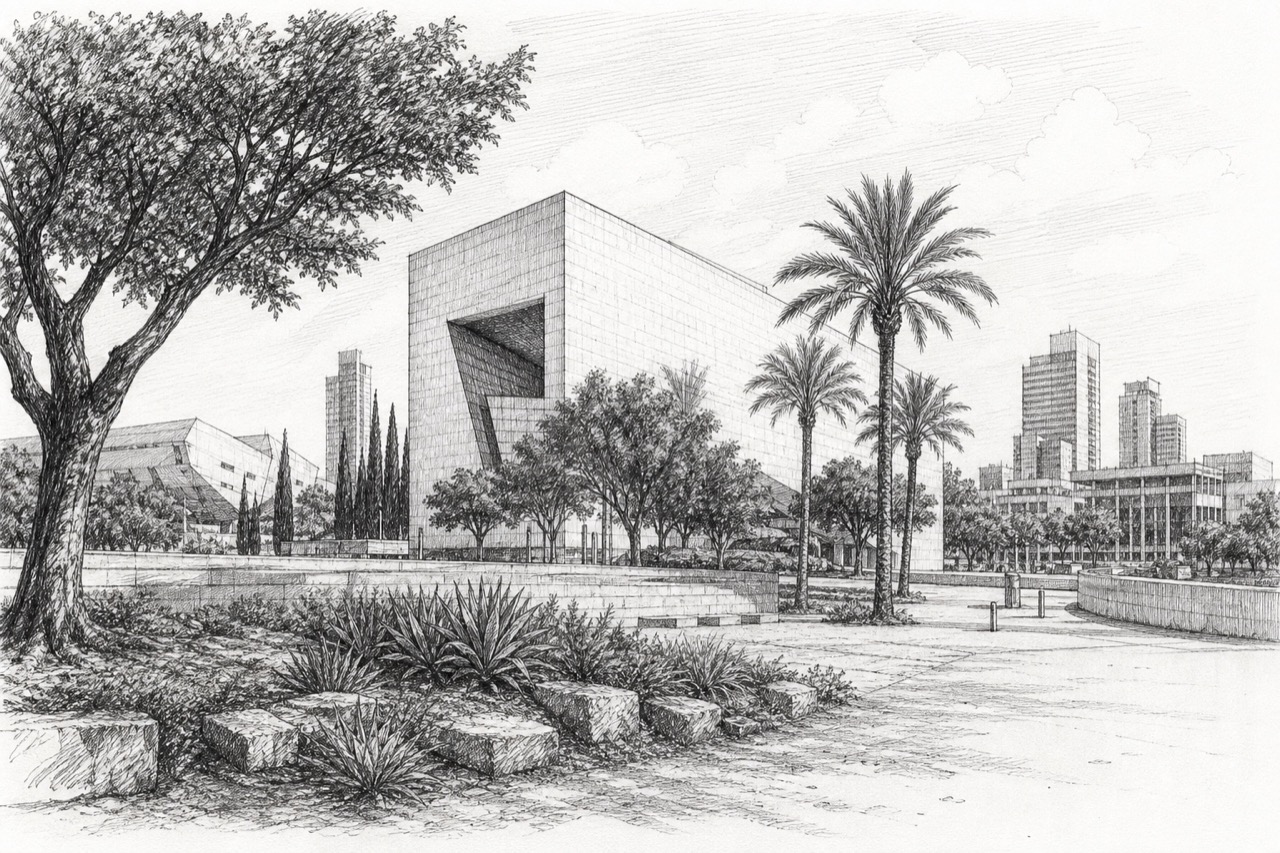 Hand-drawn pencil travel sketch for Tel Aviv, Israel