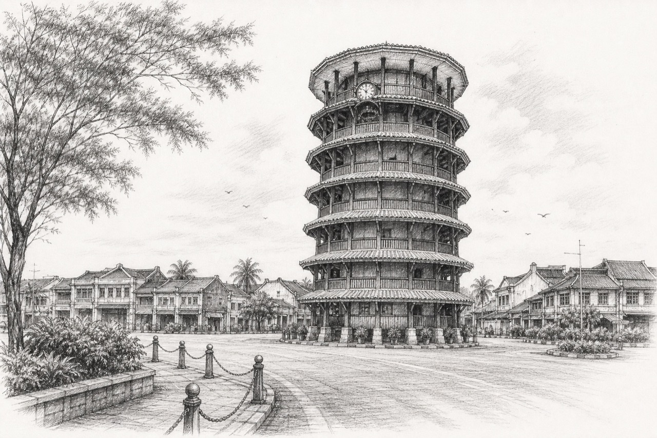 Hand-drawn pencil travel sketch for Teluk Intan, Malaysia