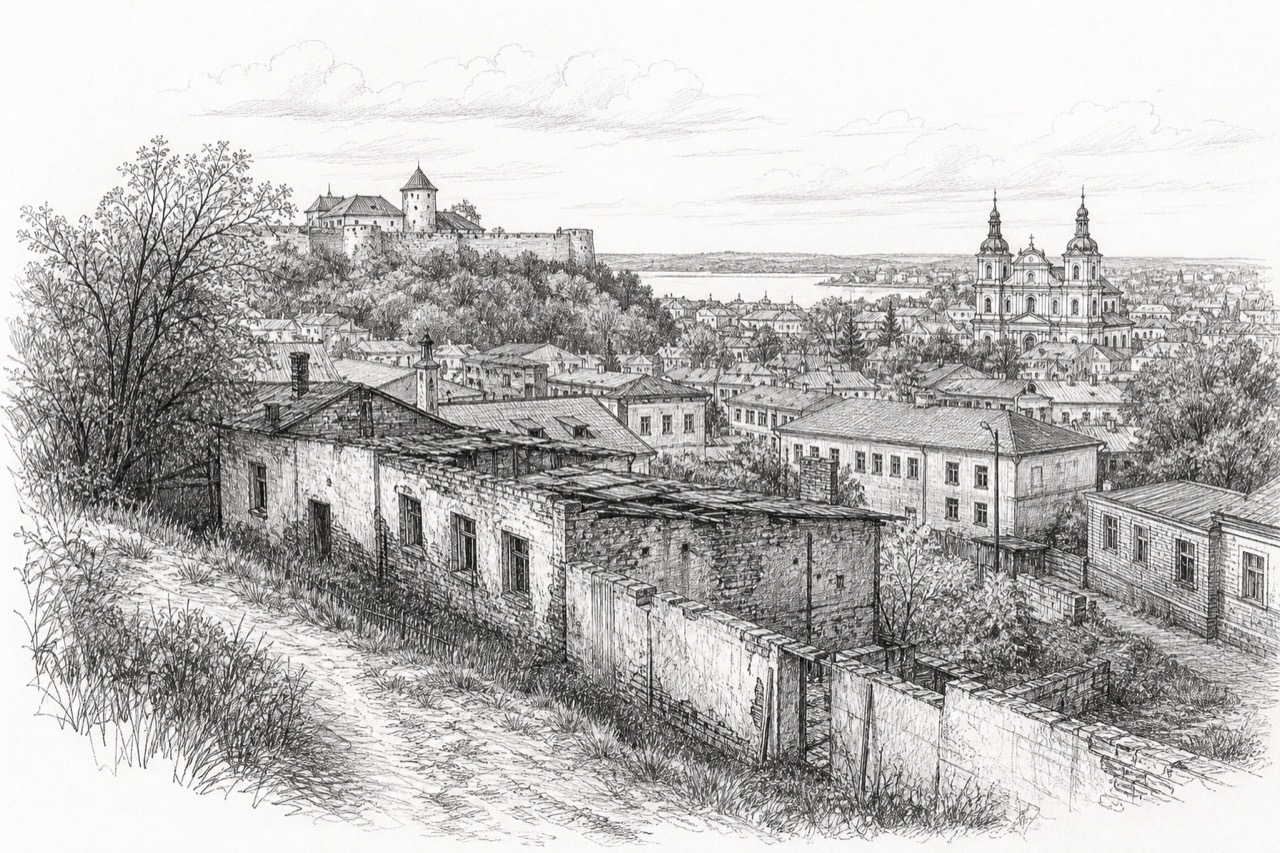 Hand-drawn pencil travel sketch for Ternopil, Ukraine